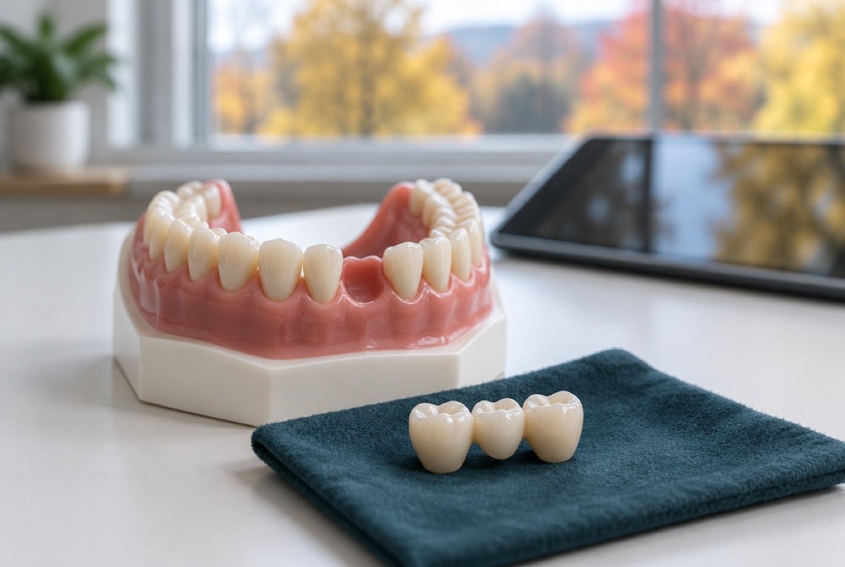 Dental model with a missing back tooth and a three-tooth bridge made to fill the gap