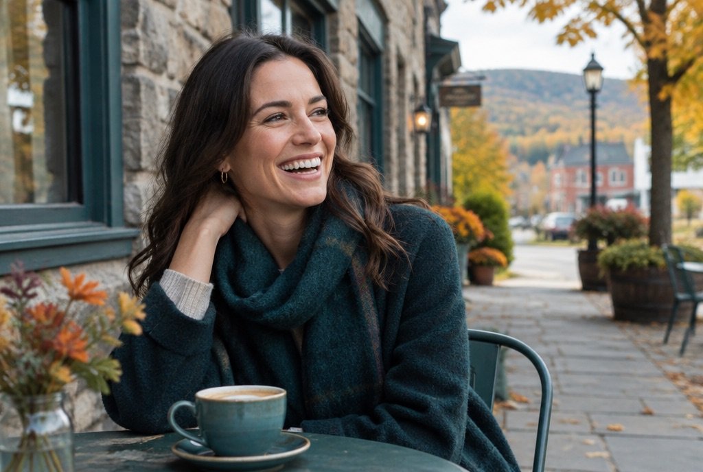 Woman laughing at a café table on a stone street in autumn