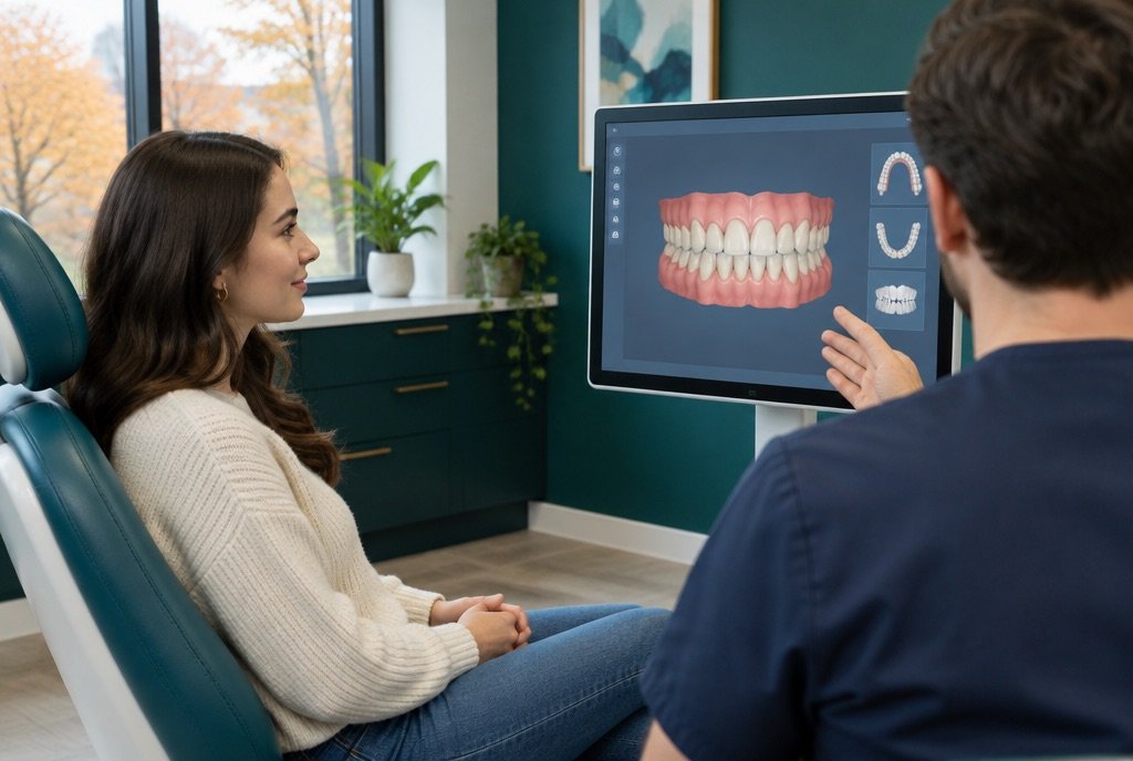Patient viewing a 3D model of her teeth with the dentist