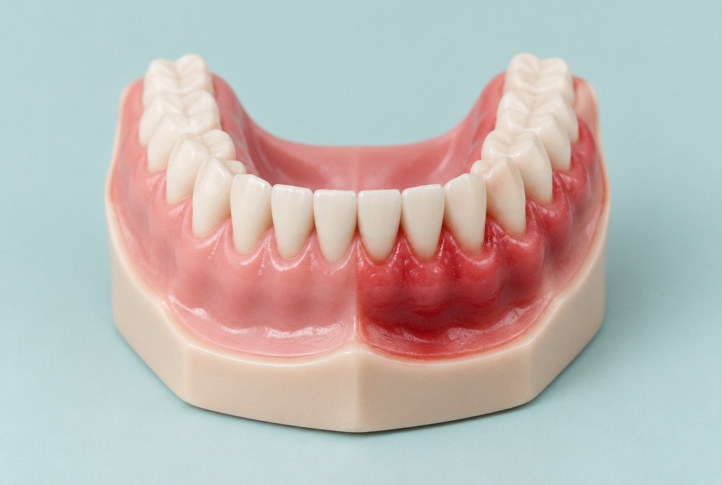Dental model comparing healthy pink gums with red, swollen gums