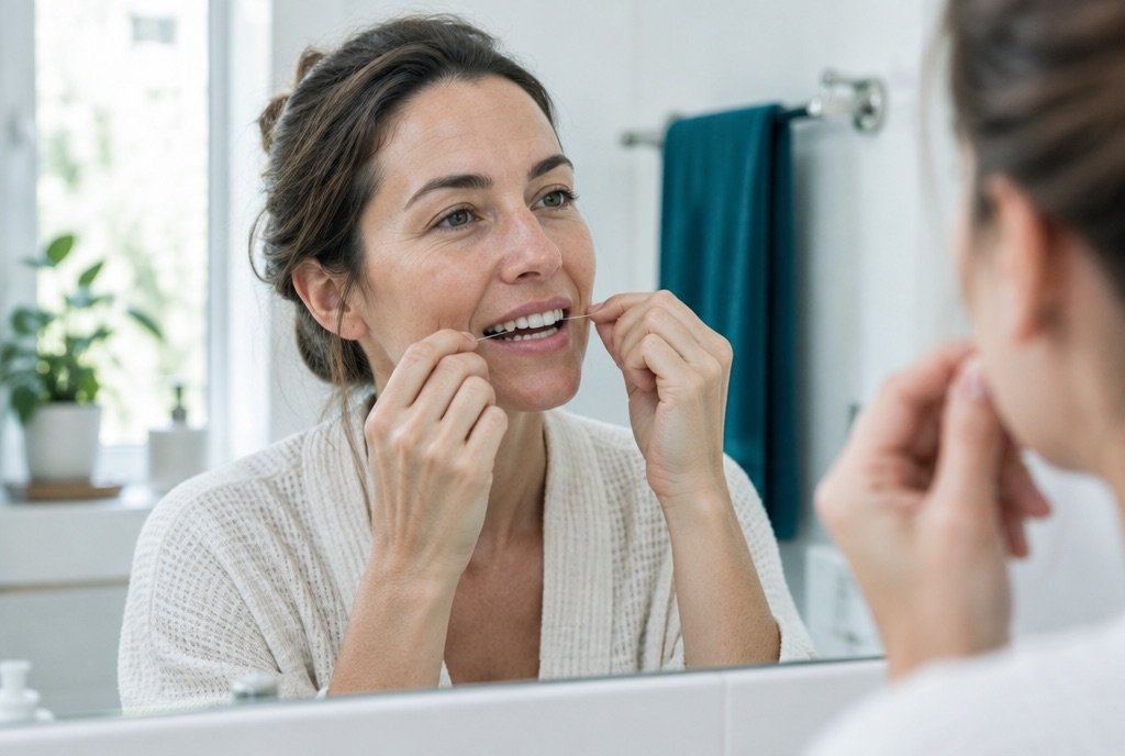 Woman flossing her teeth at the bathroom mirror