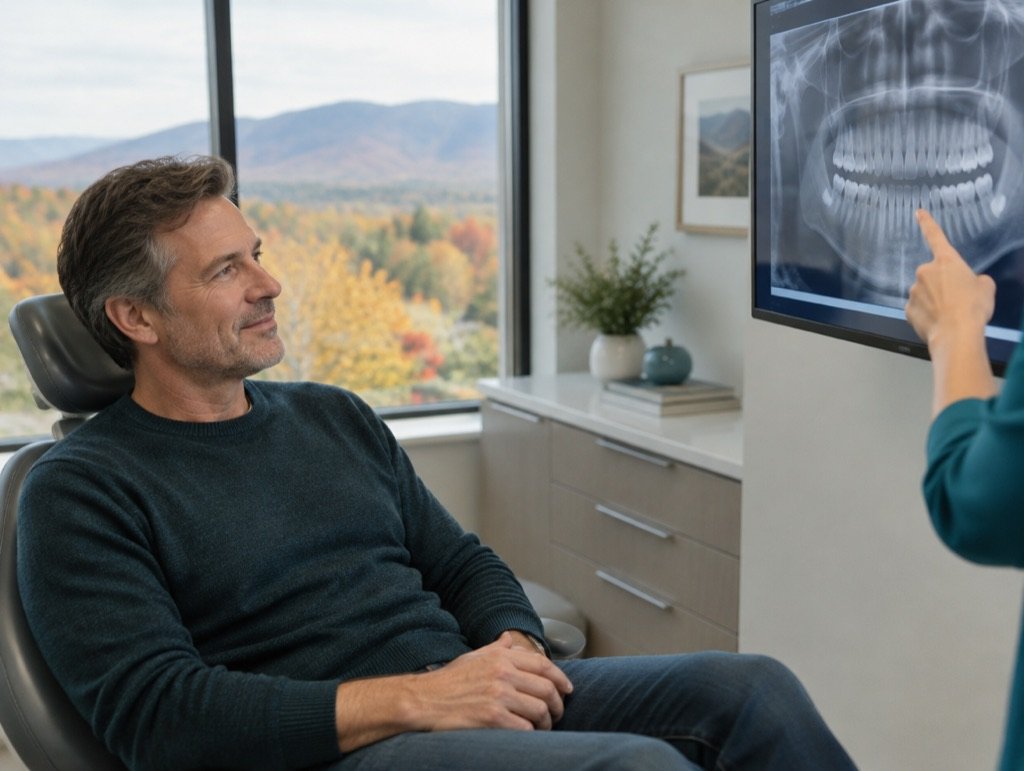 Patient looking at his dental X-ray on a screen while it is explained