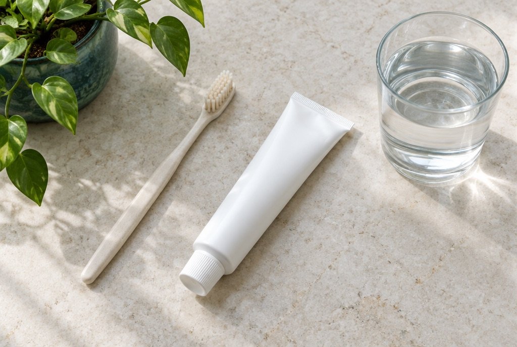 Soft toothbrush, toothpaste and a glass of water on a stone counter