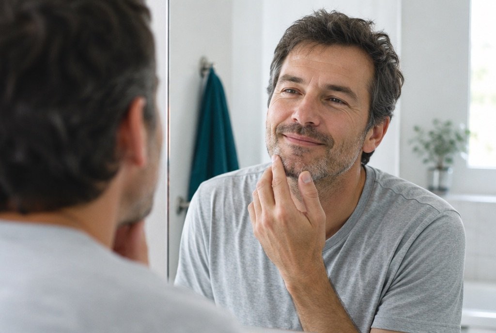 Man checking his teeth in the bathroom mirror