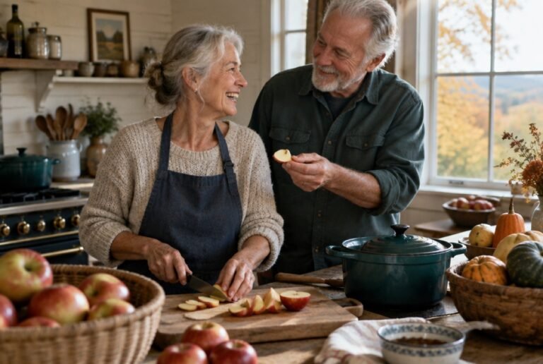 Couple in their seventies sharing apple slices while cooking in an autumn kitchen