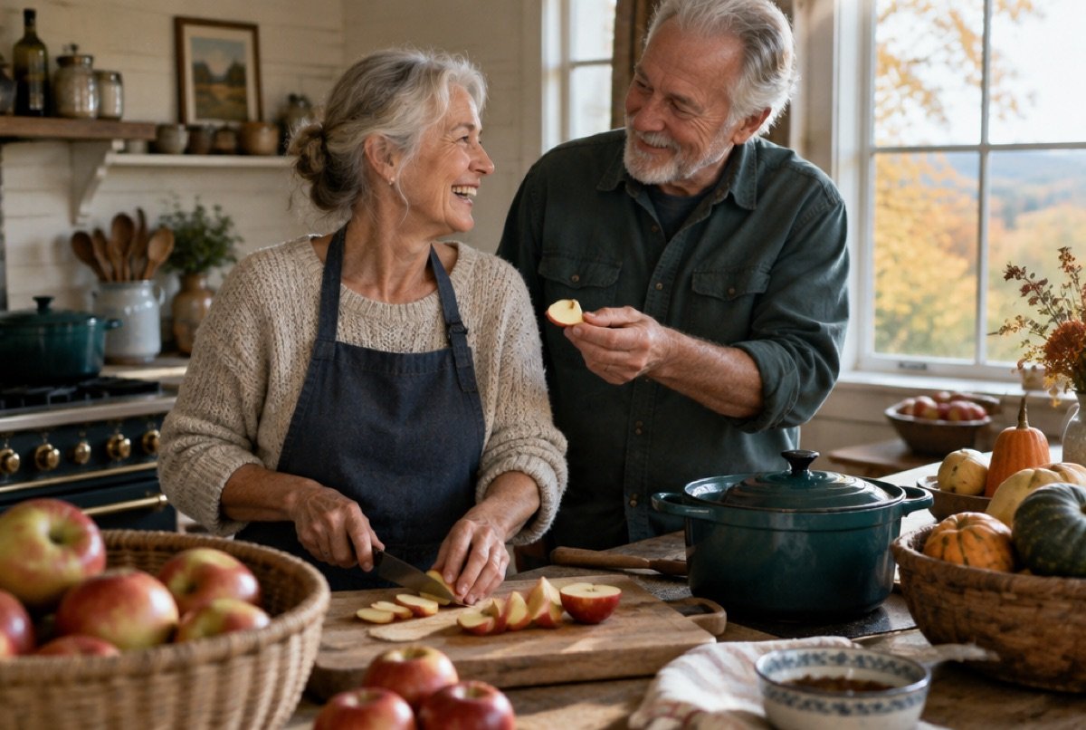 Couple in their seventies sharing apple slices while cooking in an autumn kitchen