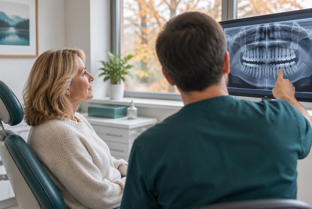 Dentist showing a patient her dental X-ray on a monitor