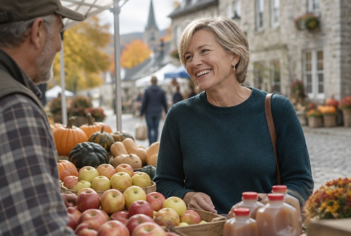 Woman laughing with a vendor at an autumn farmers market