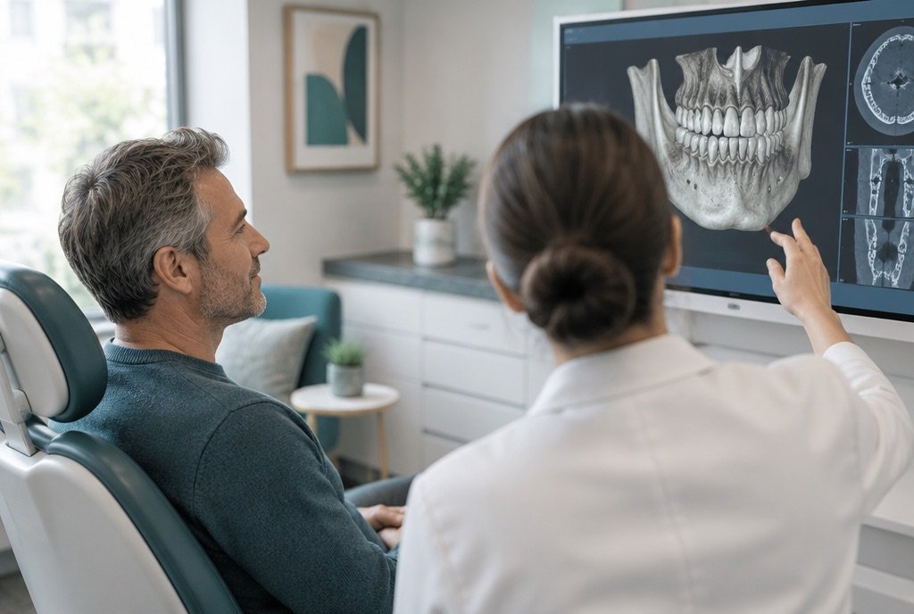 Patient reviewing a 3D CBCT scan of his jaw with the dentist