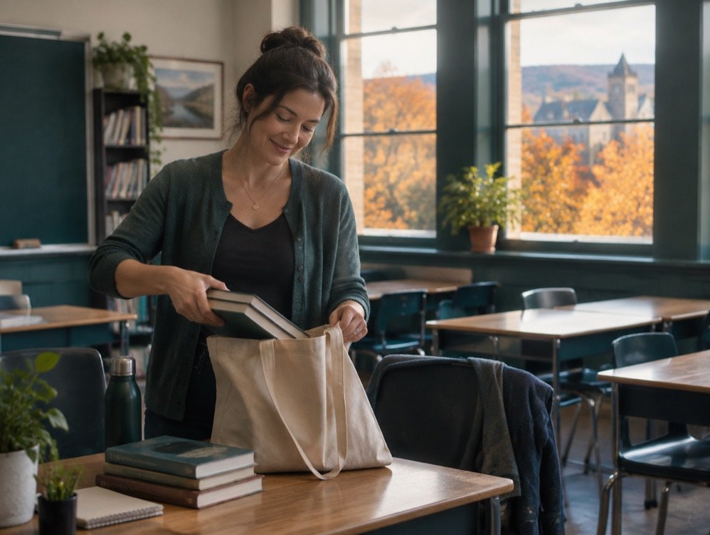Teacher packing up in an empty classroom on an autumn afternoon