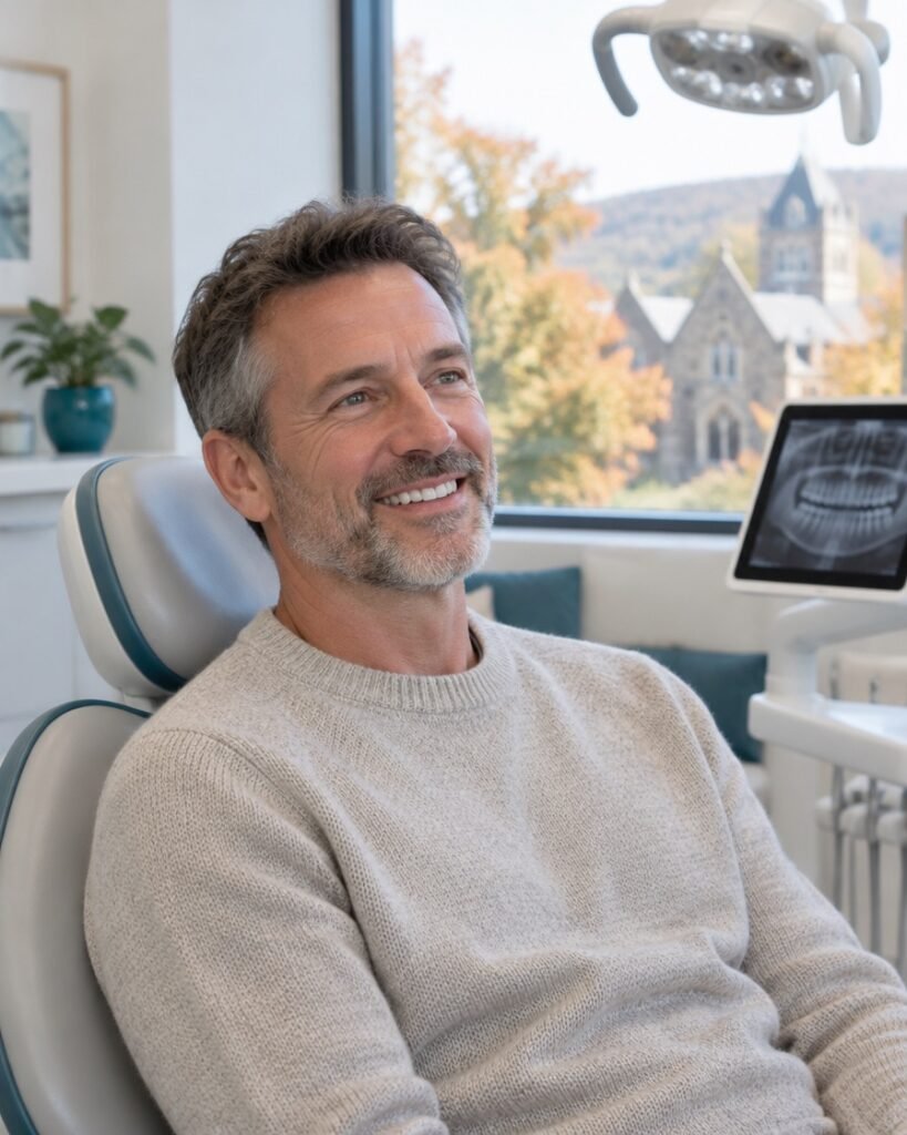 Smiling patient relaxing in a bright dental treatment room with autumn trees outside the window