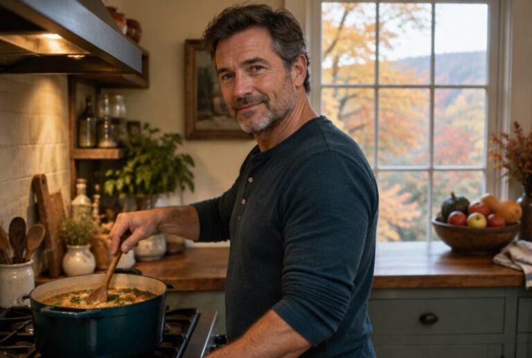 Man cooking vegetable soup in a farmhouse kitchen in autumn