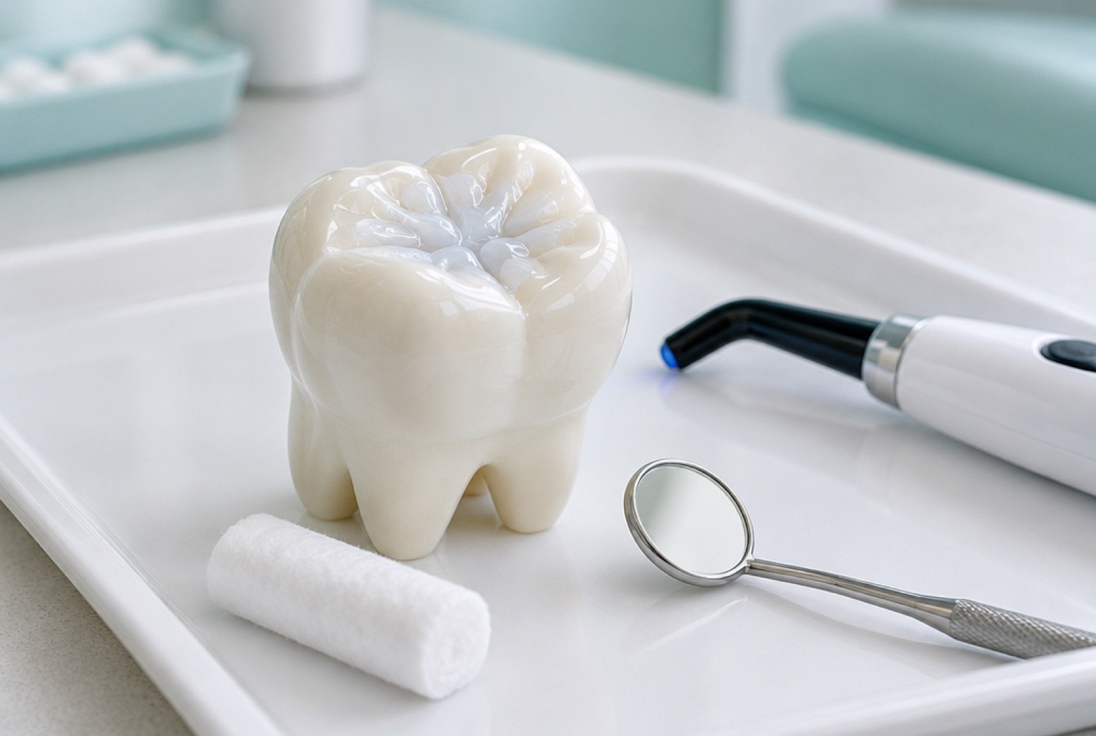 Teaching model of a back tooth with sealed grooves beside a curing light on a tray