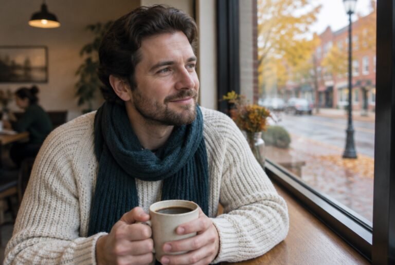 Man with a mug of coffee at a cafe window in an upstate New York town