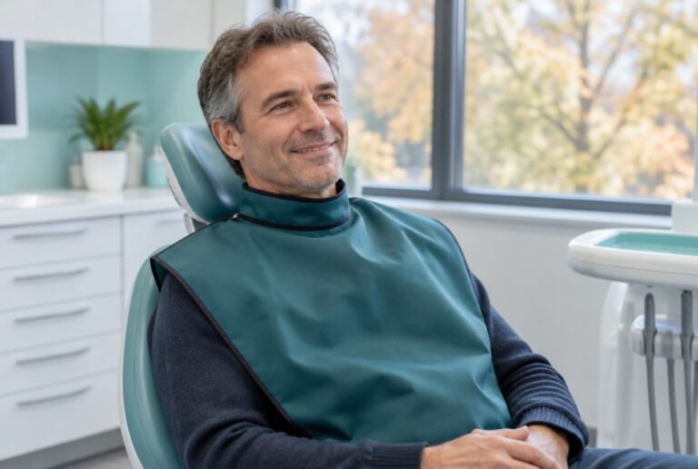 Patient in a dental chair wearing a protective lead apron before X-rays