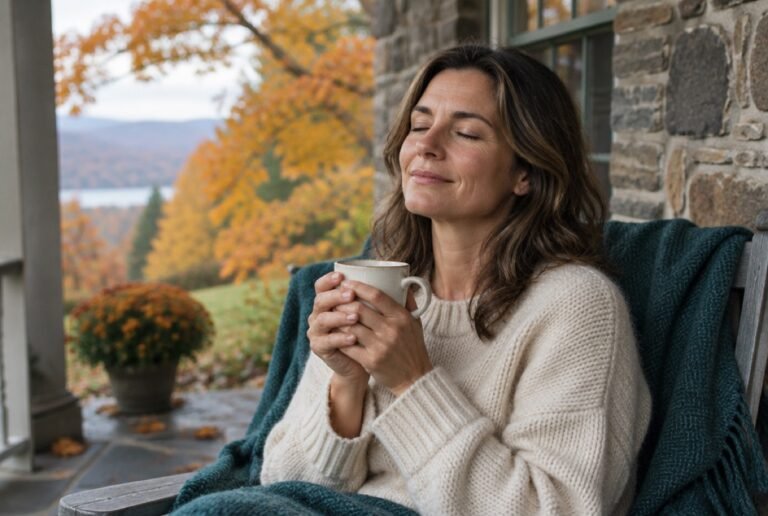 Woman relaxing with a mug of tea on a stone-house porch in autumn